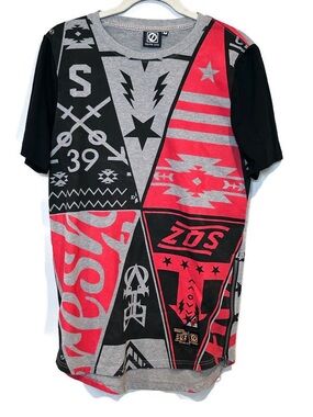 Square Zero Graphic Patchwork Streetwear Tee Gray, Black & Red with side zippers